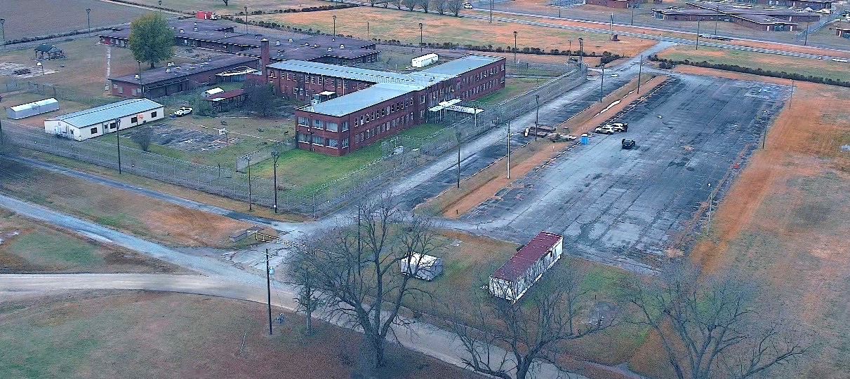 Overhead view of former Wayne Correctional Center. Multiple buildings and parking lots are shown