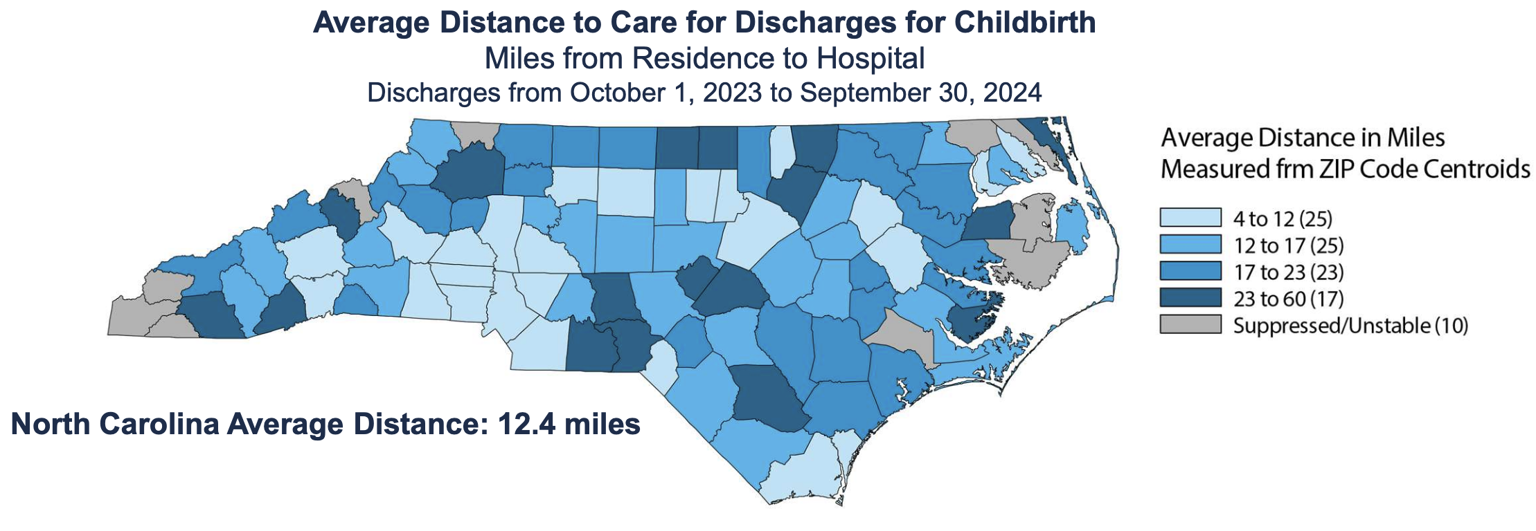 map shows NC counties shaded according the distance traveled by people looking for maternal health care