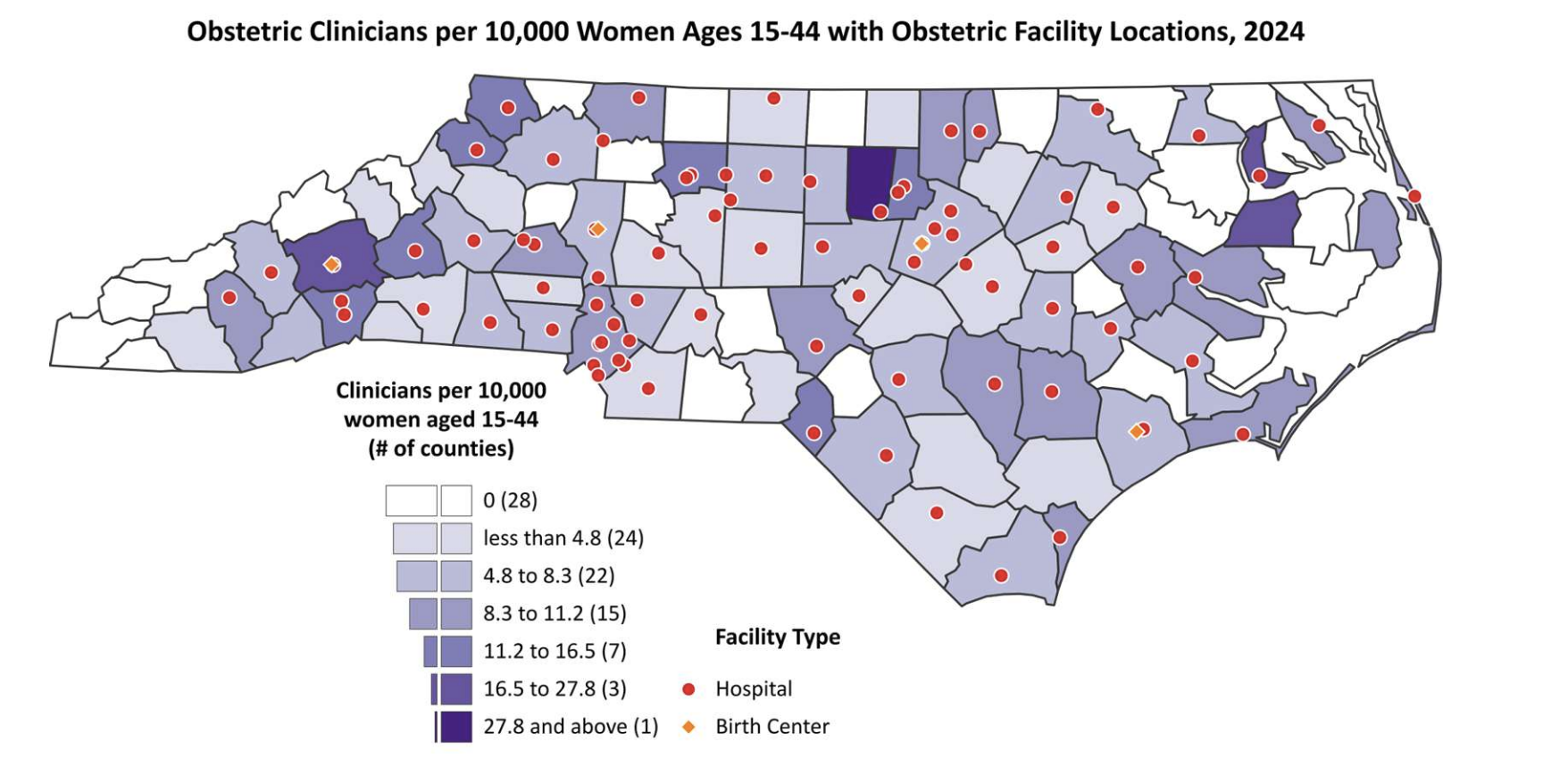 Map shows counties that are shaded based on the number of maternal health providers are practicing. Overlaid on that are red dots indicating where there are hospitals and birth centers.