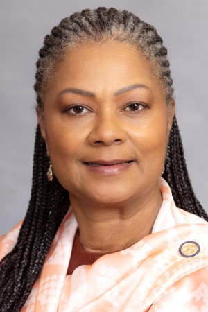 Shows a Black woman with braided hair pulled away from her face wearing a white and orange scarf wrapped around her neck. She is posing for a formal portrait.