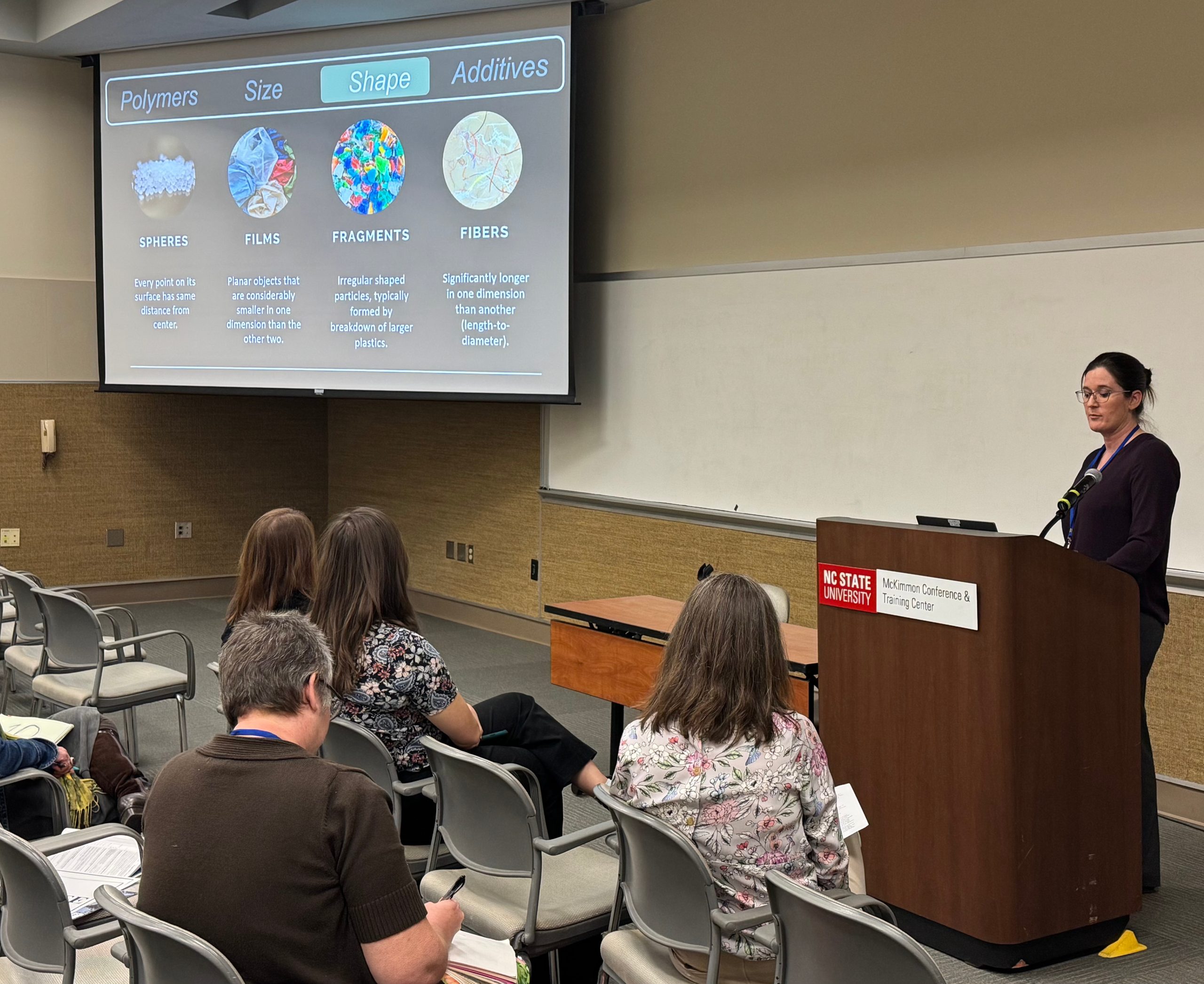 Speakers presenting a session on microplastics and plastic pollution at the North Carolina State University McKinmon Conference and Training Center will show the audience slides about microplastic polymers, size, shape, and additives, and learn about health risks and ways to reduce exposure.