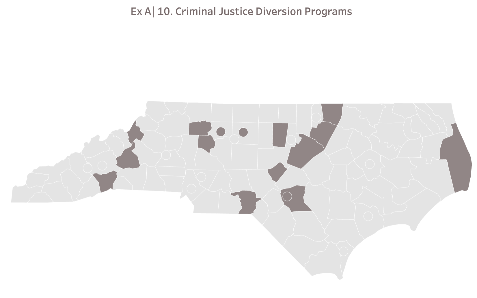 A map showing the 16 cities and counties shaded in brown that have invested opioid settlement dollars into criminal justice diversion programs.