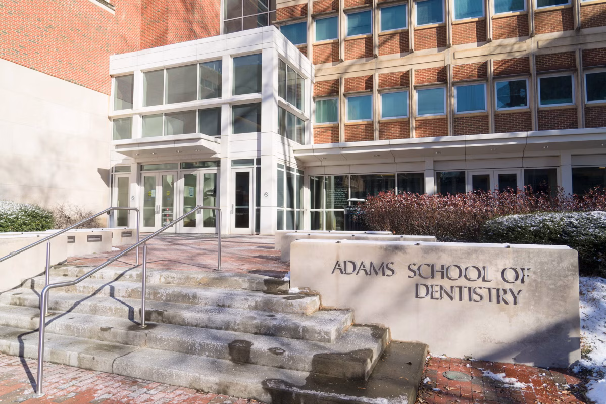 A rare Chapel Hill snow covers steps outside UNC Adams School of Dentistry. There's a heightened interest in public health dentistry among students looking to be advocates for oral health care.