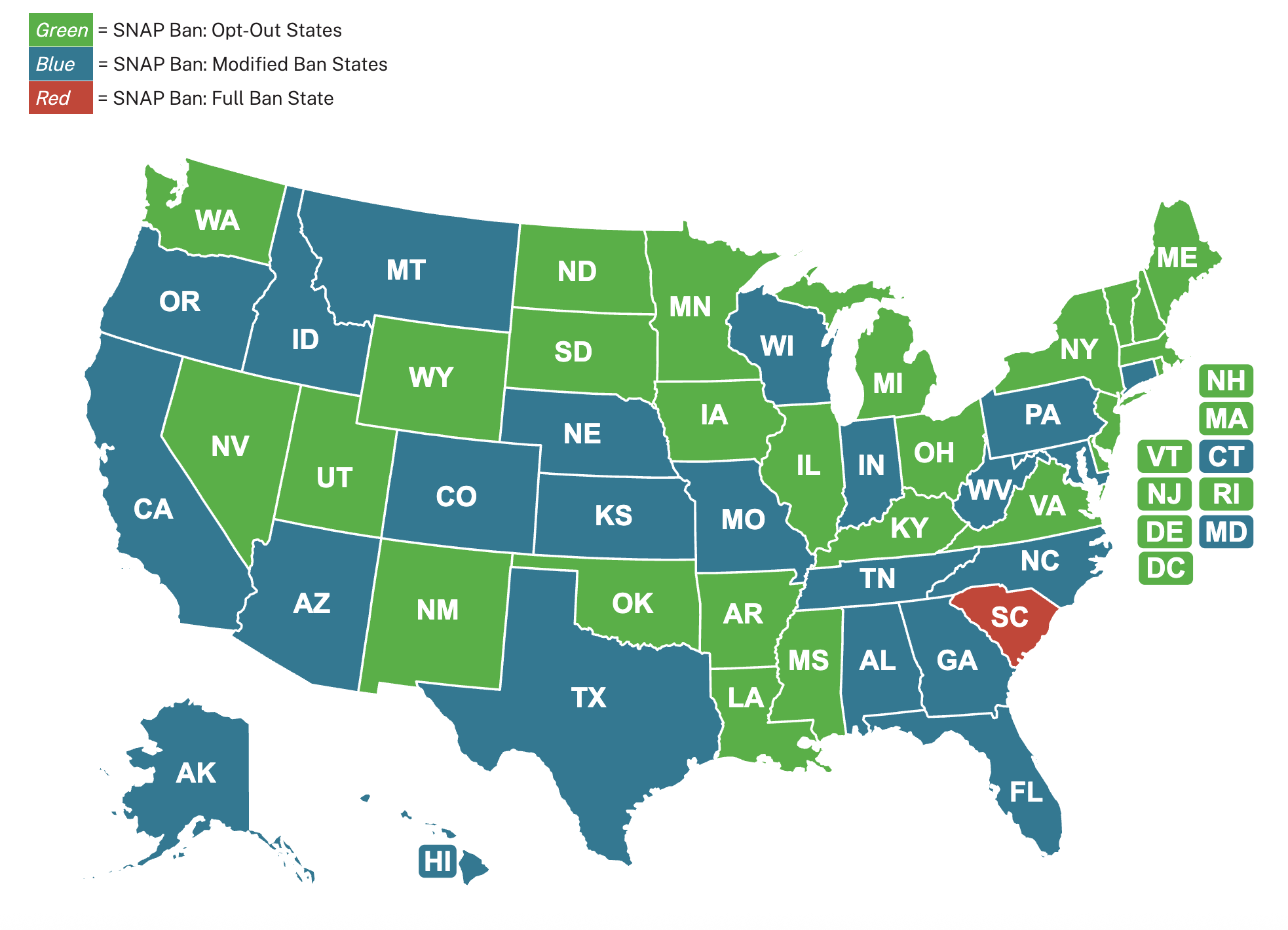 A map of U.S. states with about half shaded in green to show which states have opted out of SNAP ban for people with felony drug convictions and about another half of states in blue to show which have modified bans. Only South Carolina is in red showing it has a full ban.
