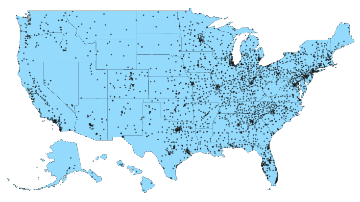 A light blue map of the United States
