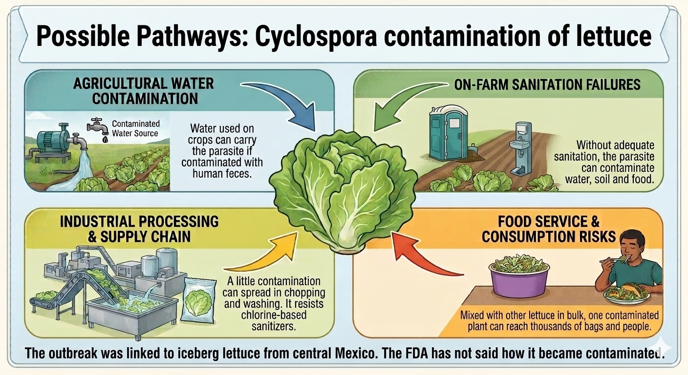 Infographic showing four ways Cyclospora can contaminate lettuce: farm water, field sanitation, processing, and food service.